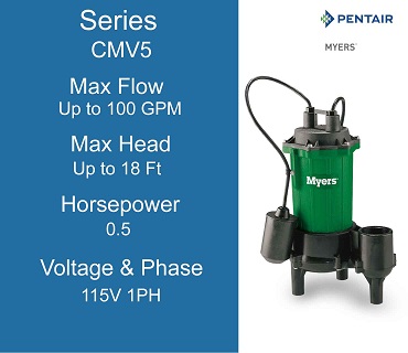 Myers Sewage Pumps, CMV5 Series, 0.5 Horsepower, 115 Volts 1 Phase